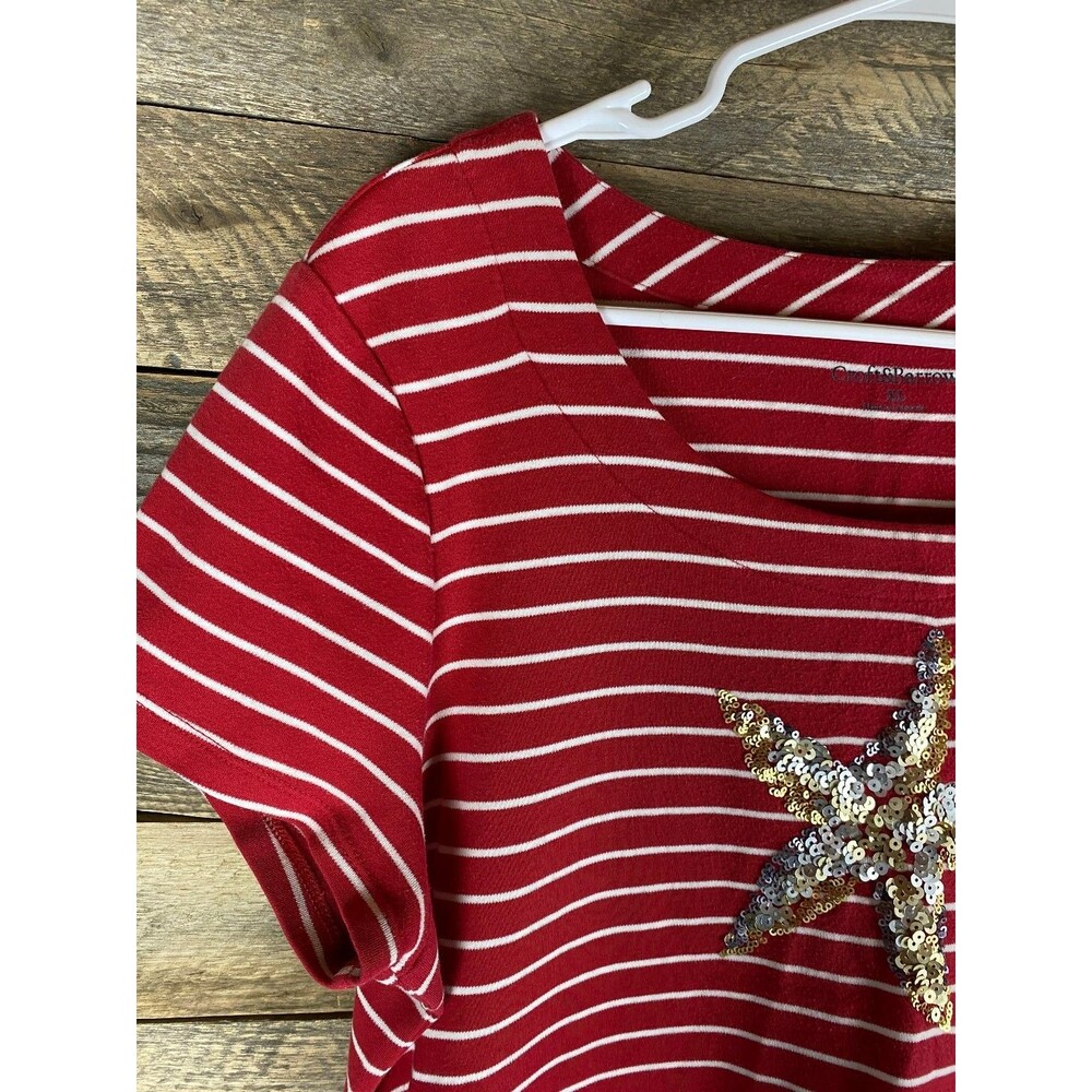 Croft & Barrow Women's XL Red White Striped Top Sequin Starfish - Picture 2 of 13
